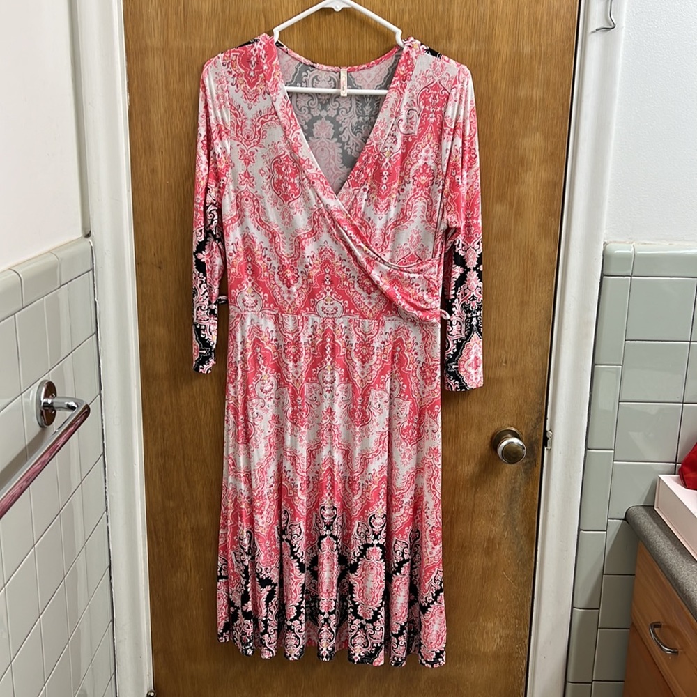 Pink & Black Paisley Faux Wrap Dress